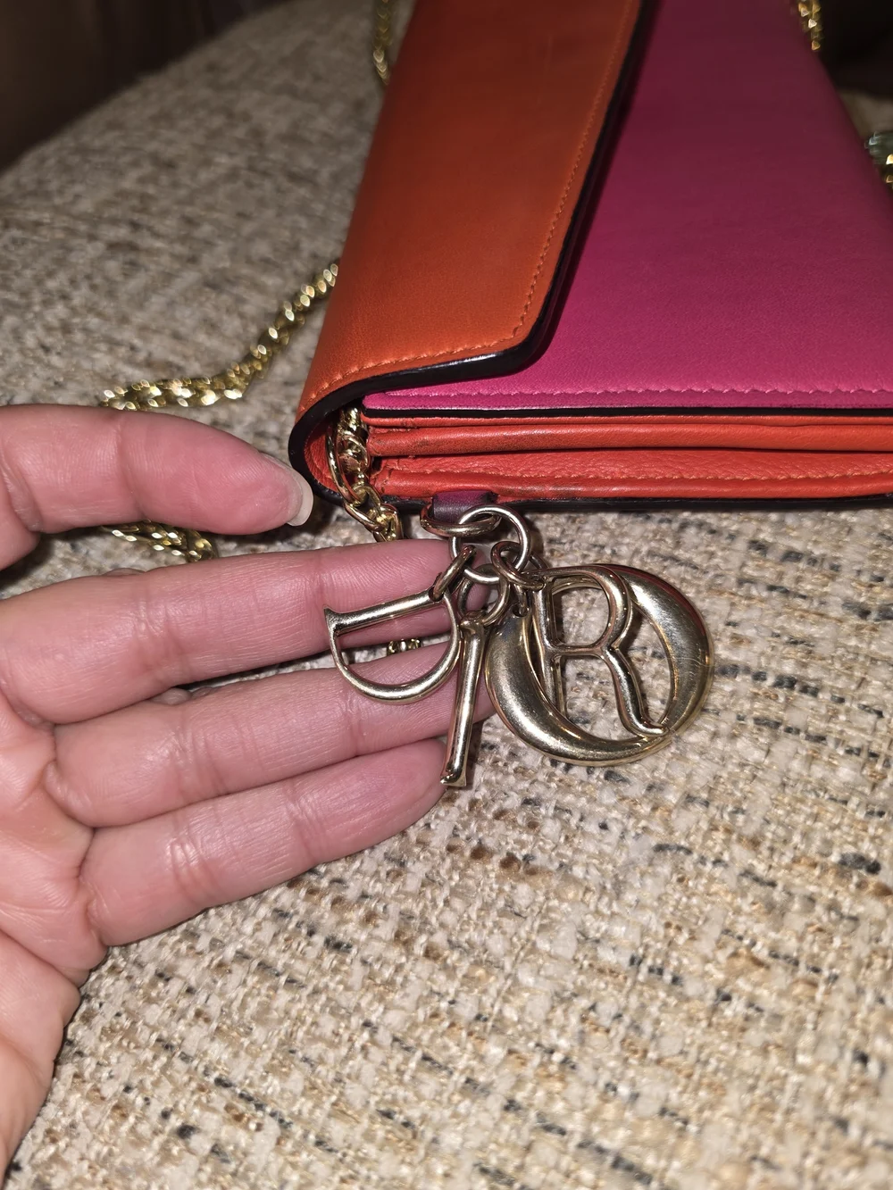 DiorTwo-Tone Pink and Orange Leather Wallet with Gold Chain